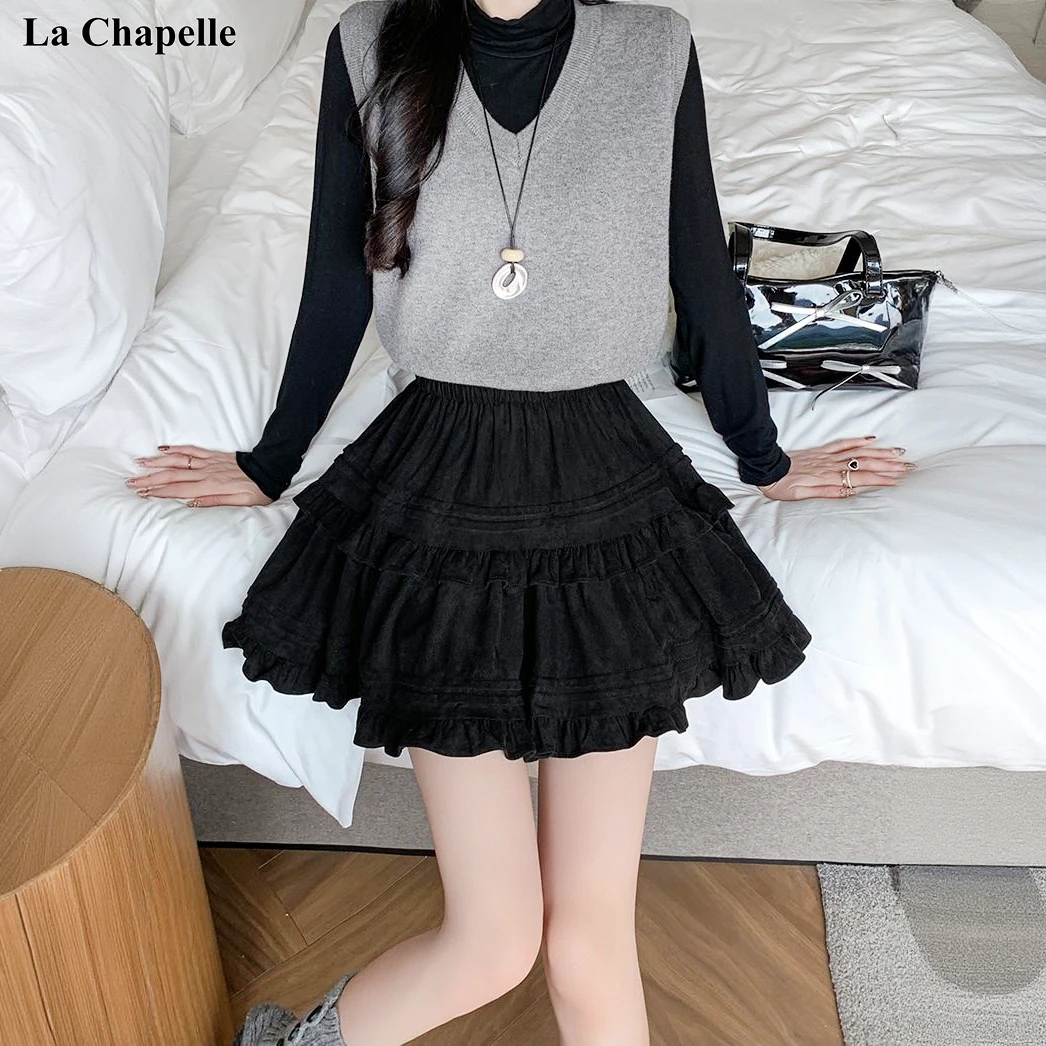 拉夏贝尔时尚秋冬款芭蕾风甜美百褶蛋糕裙半身裙A字裙蓬蓬短裙女