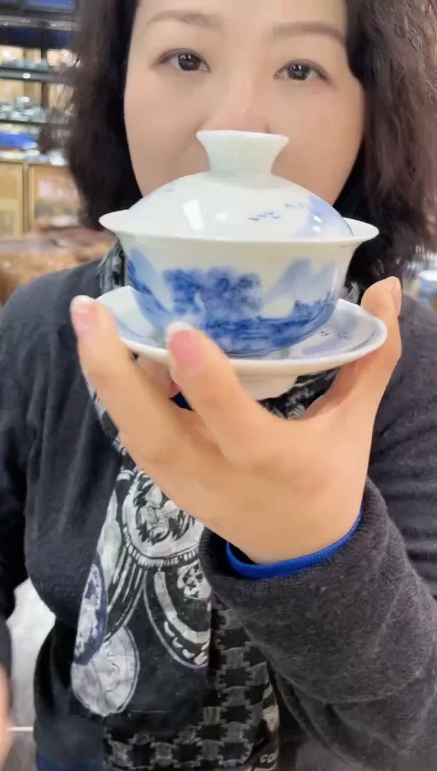 【闪购商品】006陶瓷供应链青花山水风景画片三才盖碗