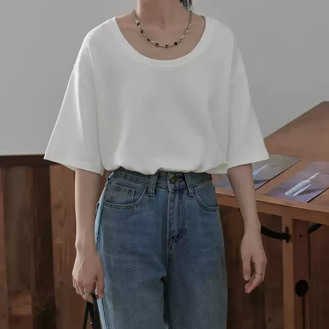 琸珂短袖白色百搭夏季简约宽松纯色圆领韩版新款