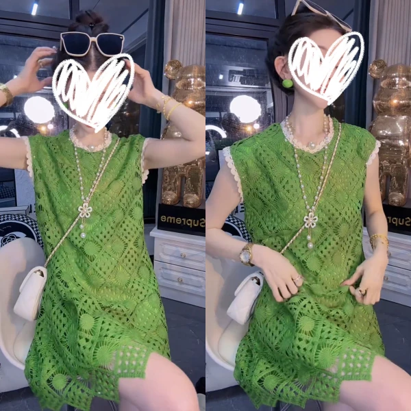 2025年夏季新款纯色圆领镂空设计感连衣裙女士时尚减龄气质背心裙
