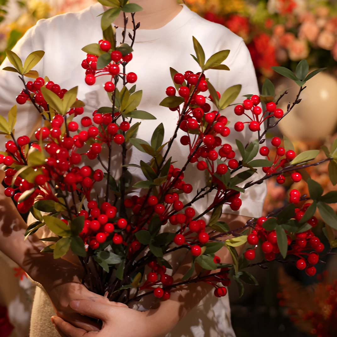 冬青果 大支 仿真花 多头带叶冬青 客厅花 餐桌花 发财果红果