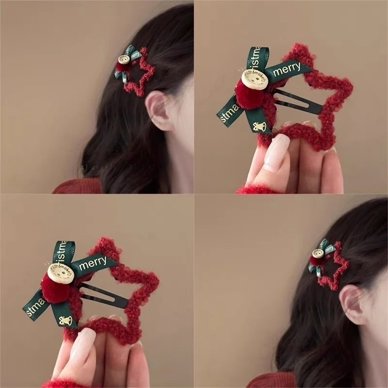 红色星星发夹女新款新年头饰刘海夹蝴蝶结边夹侧边可爱发饰小夹子