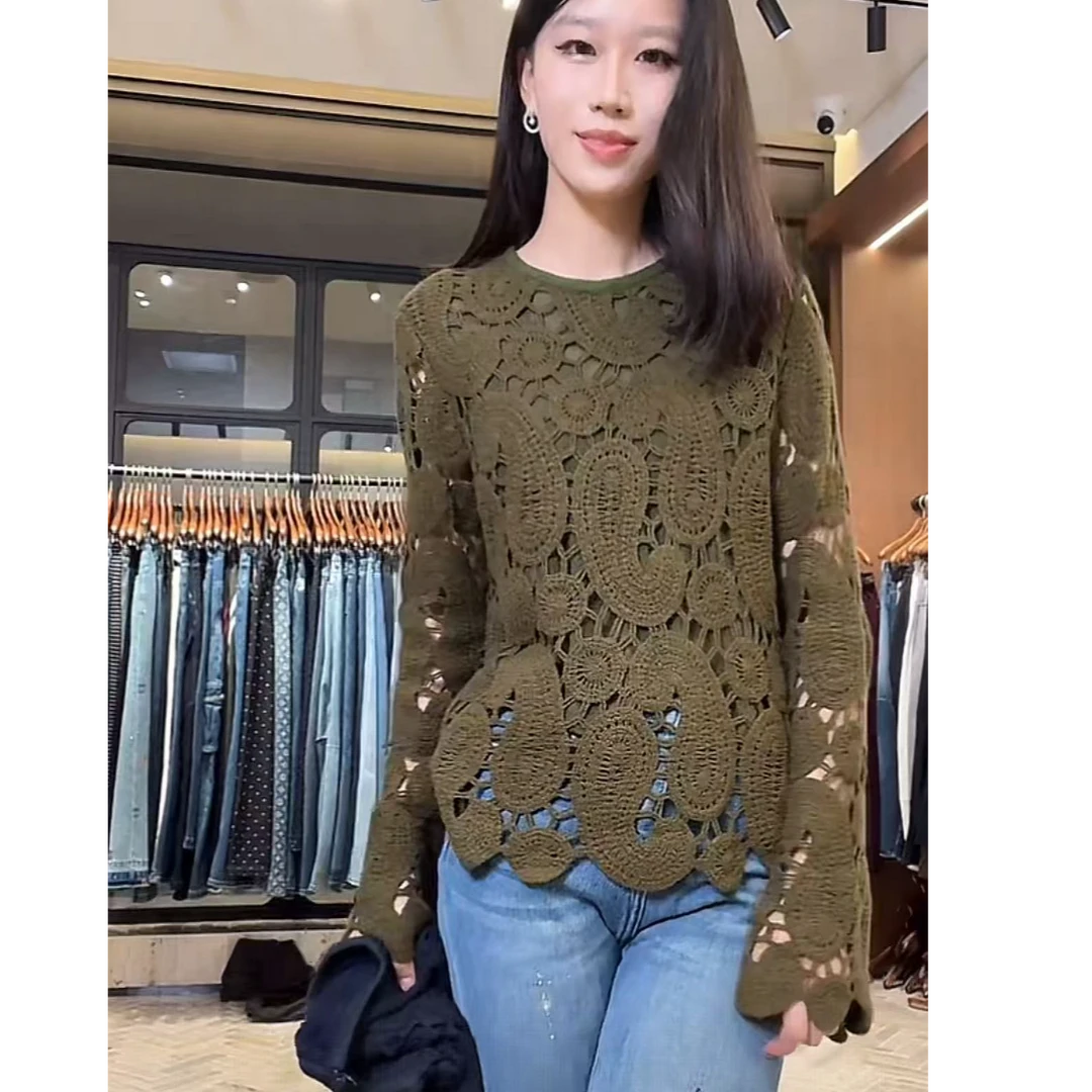 Mozch  重工镂空腰果花钩花微透高端显瘦针织衫0737
