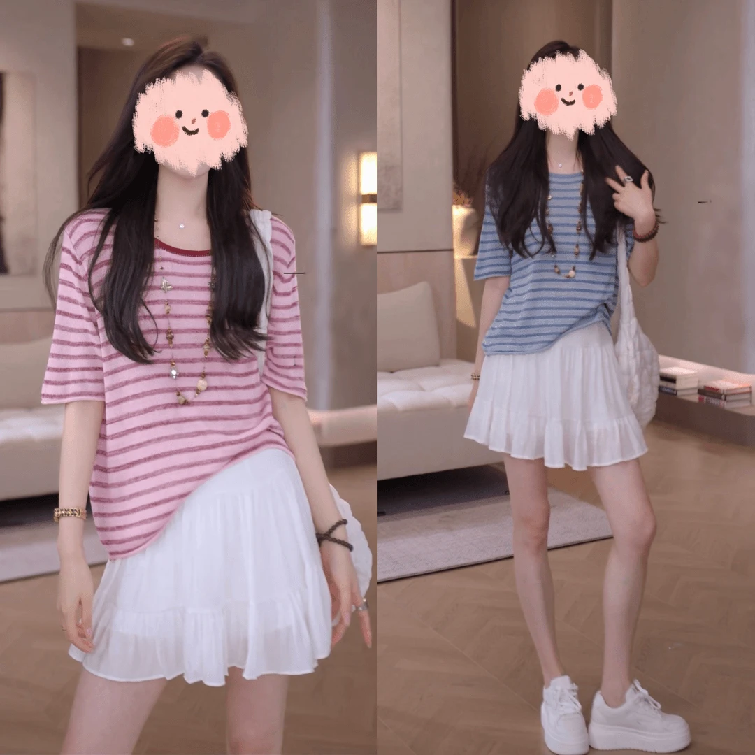 2025夏季条纹短袖学院风显瘦上衣透气显瘦高腰裙裤两件套套装裙子