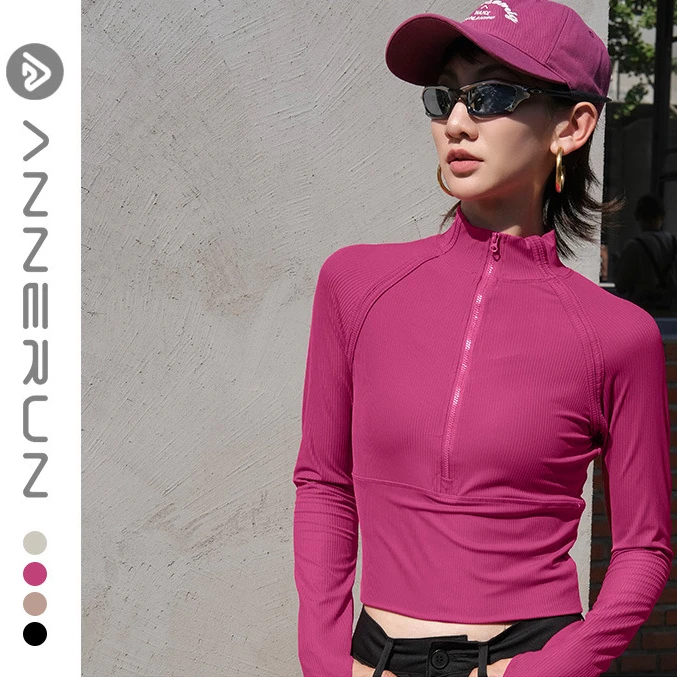 annerun健身瑜伽上衣拉链立领跑步长袖外套跑步运动套装女晨跑服