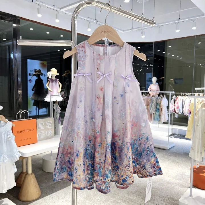 皇室童缘2025夏季女童新款莫奈花园碎花背心连衣裙17630470220