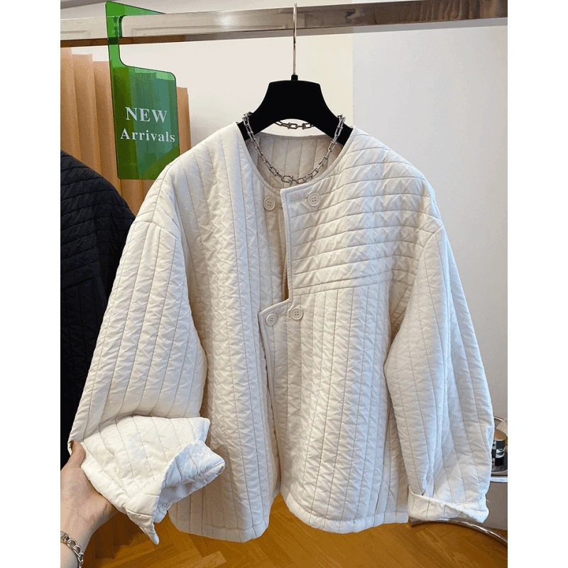 【珩缝夹棉】圆领轻薄棉服女冬季款宽松休闲不规则门襟夹棉外套上衣