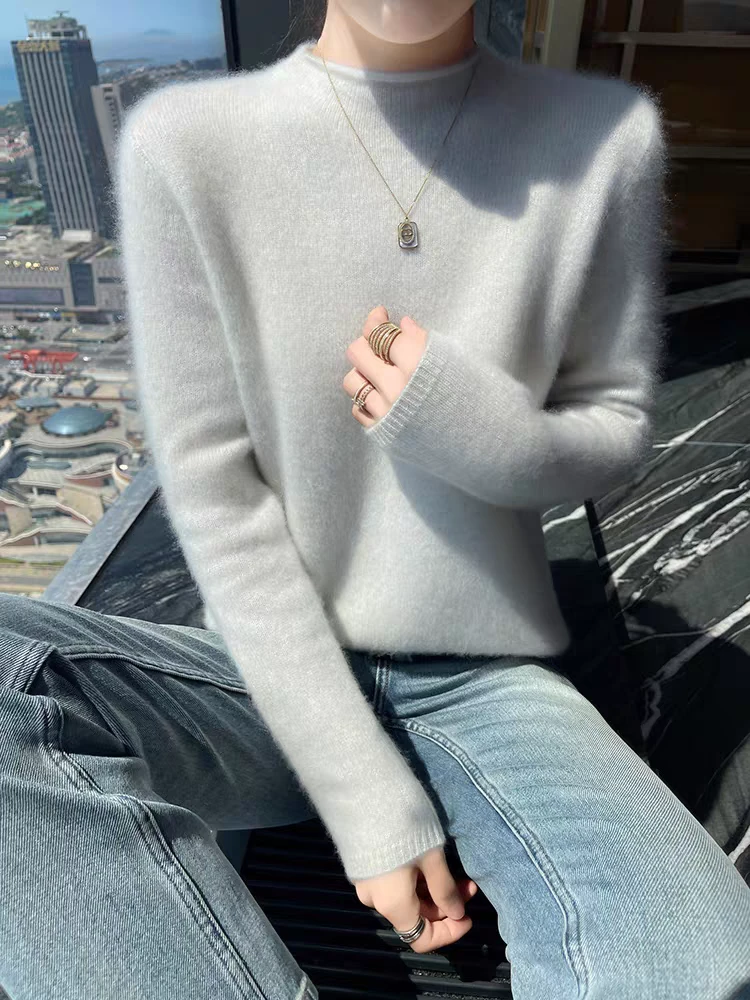 秋冬新款卷边半高领羊绒衫毛针织衫气质百搭纯色套头宽松长袖上衣