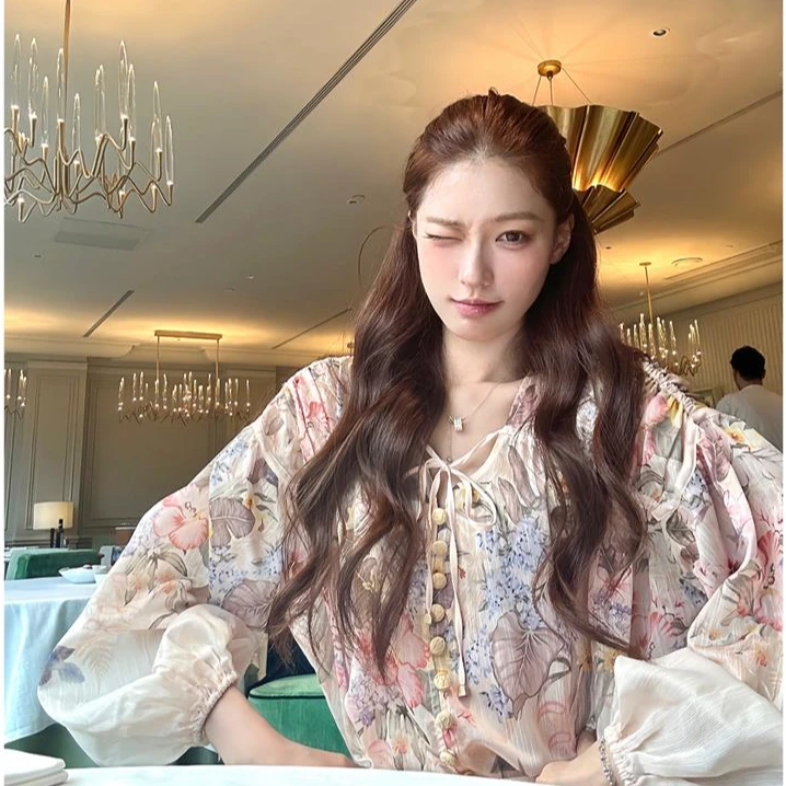 炽铂2025新款【浮生繁花】进口机精准印花粉色抽绳衬衫半身裙设计感
