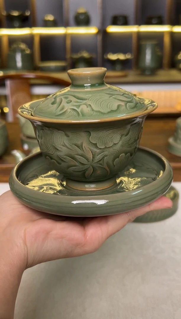 瓷片耀州窑纯手工水波游莲元宝三才盖碗特价