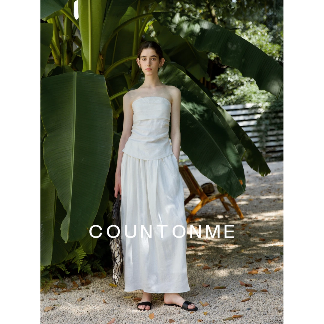 COUNTONME 法式浪漫全亚麻褶皱设计抹胸上衣女花苞裙半身裙套装