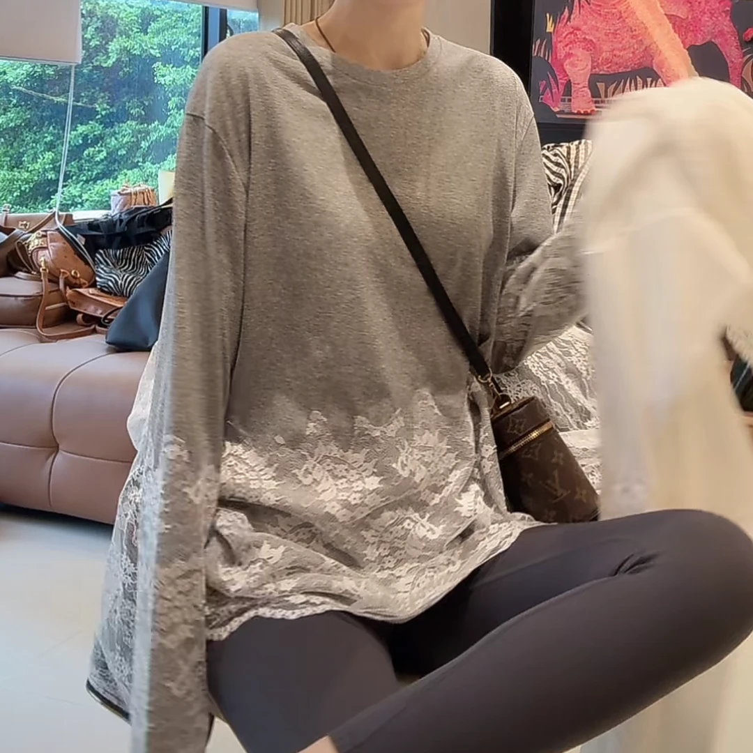 设计感高档蕾丝拼接长袖T恤女2025春季新款时尚韩版简约洋气上衣