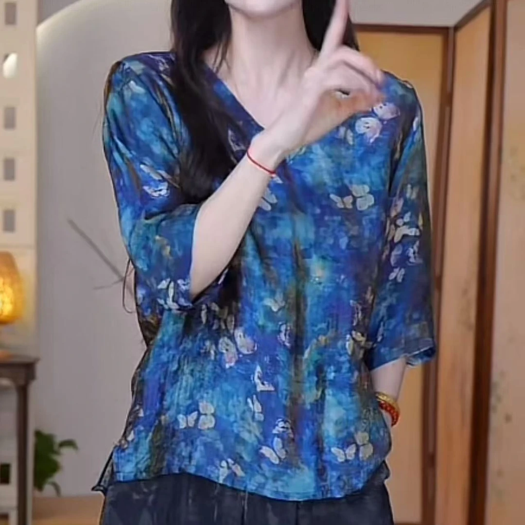 V领幻蓝蝴蝶中袖透气国风洋气小衫