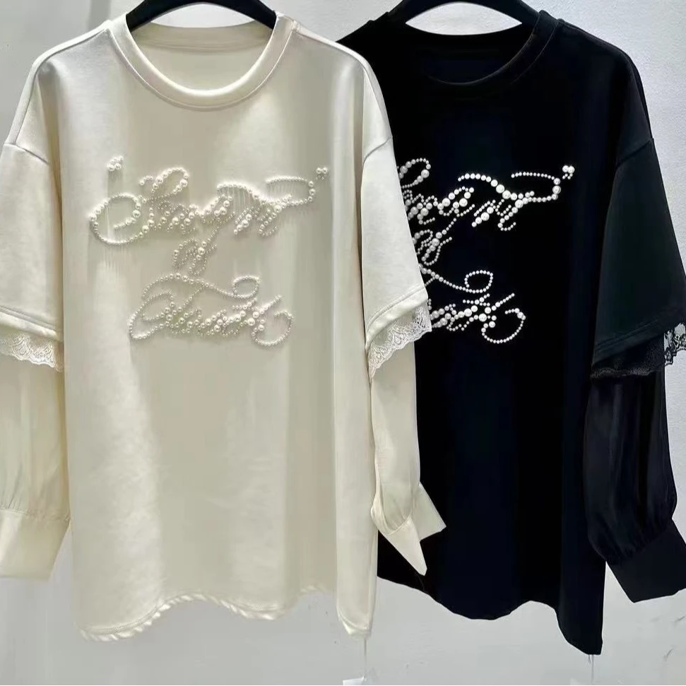 [麦霓严选]2025早春新款重工钉珠刺绣字母拼接蕾袖休闲T恤9063