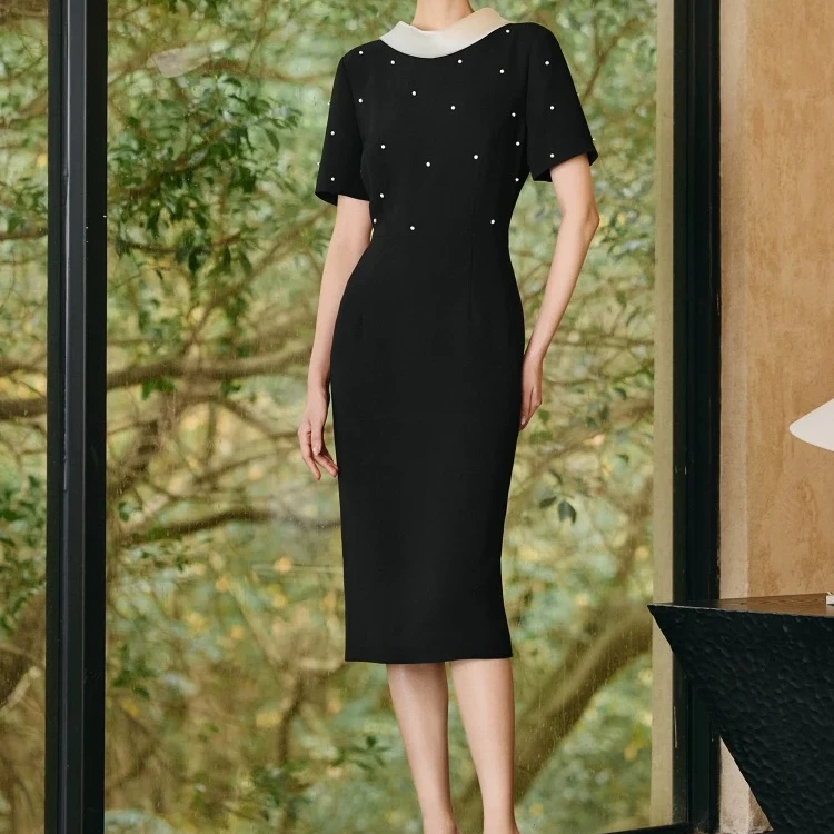 【歌】夏季黑色美式短袖中长夏裙连衣裙裙子收腰气质欧式DH203