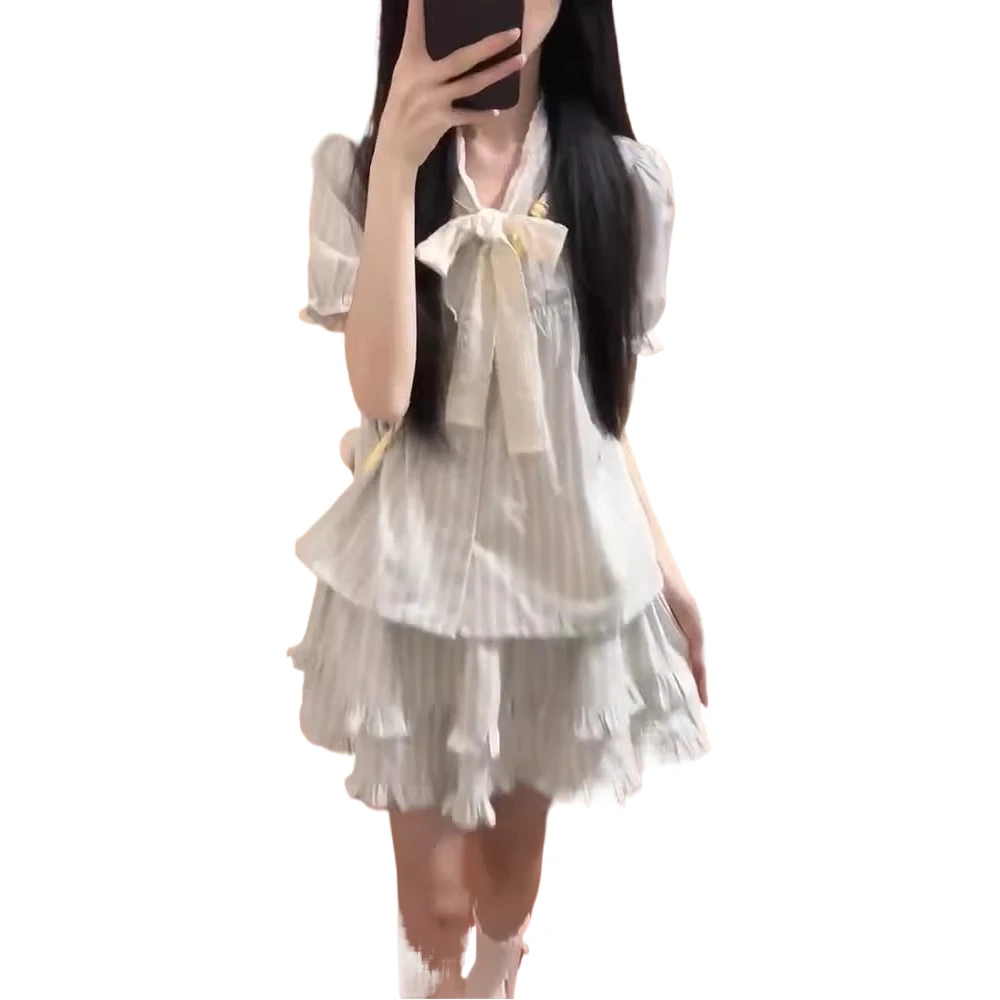 原版夏新款韩版甜美可爱花边蝴蝶结条纹衬衫上衣上衣夏季宽松时尚