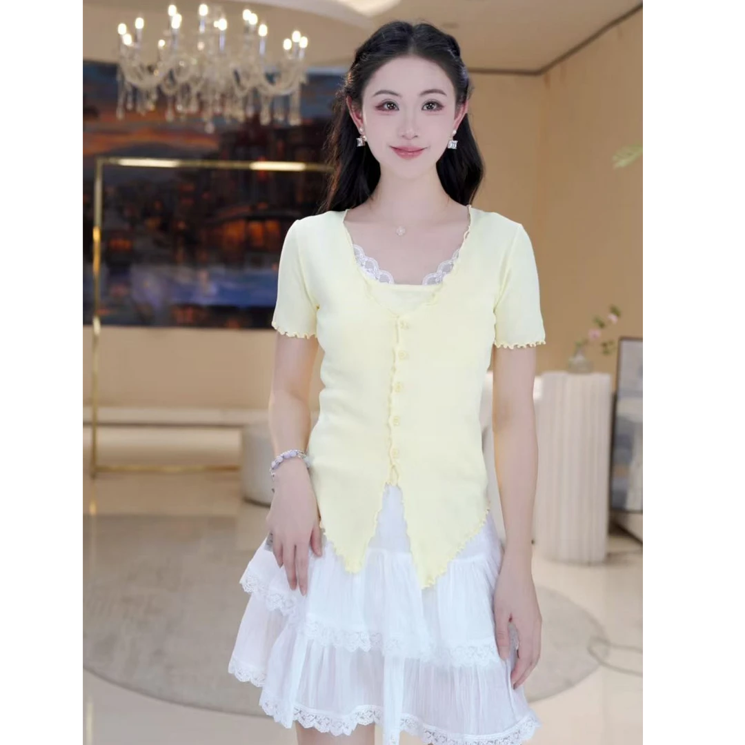 【北栀】【千层蛋糕】冰丝假两件短袖针织衫814324