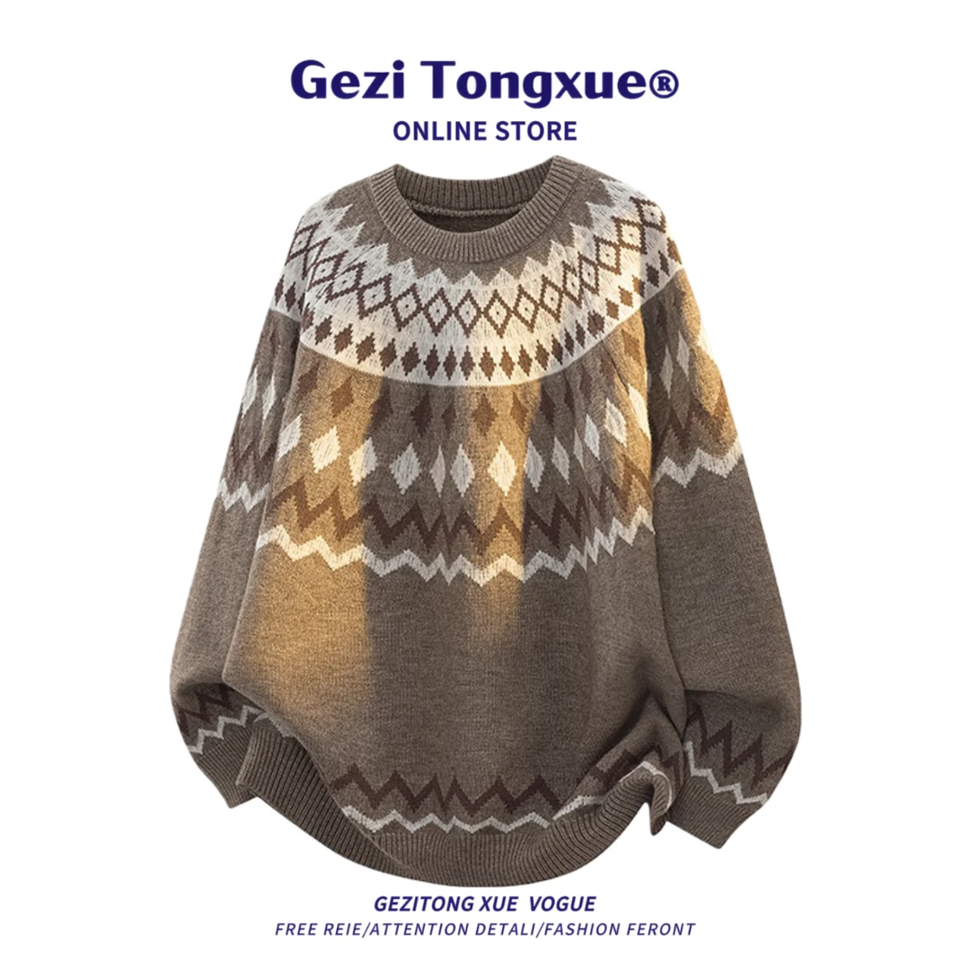 美式复古费尔岛提花圆领针织衫男女秋冬新款宽松慵懒风毛衣情侣款