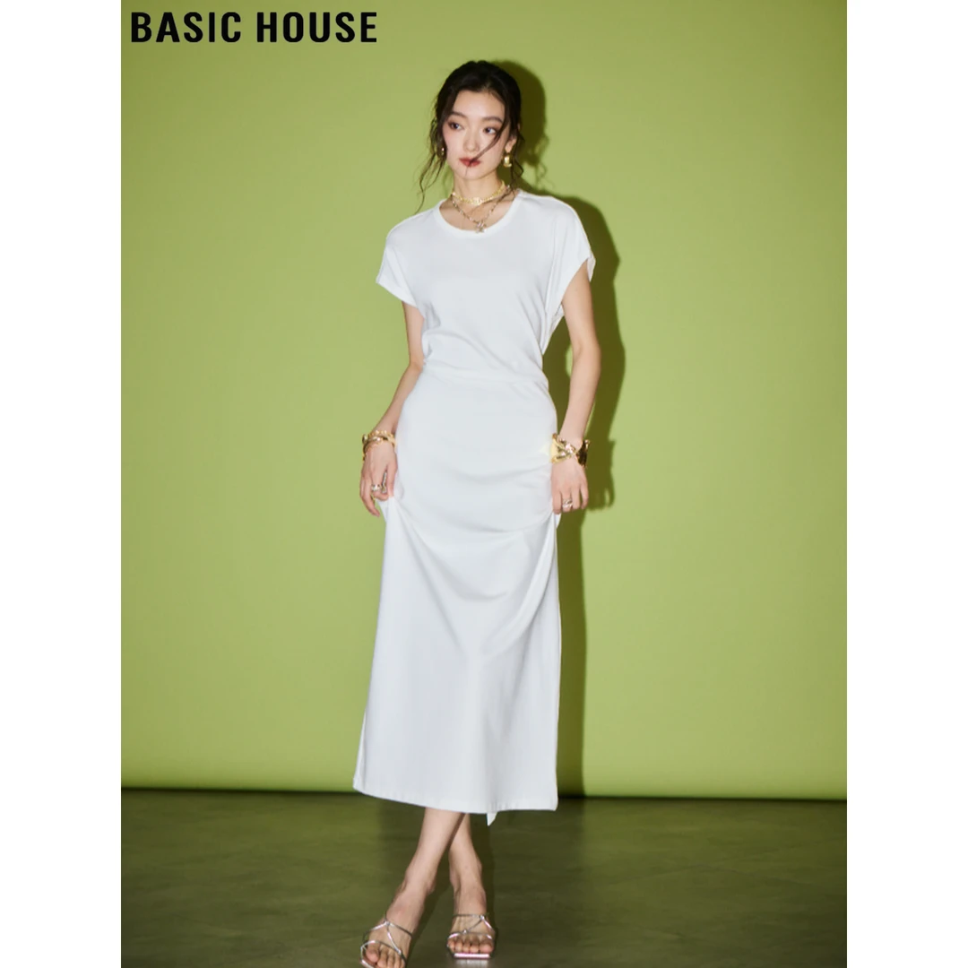 Basic House/百家好白色短袖连衣裙子女夏季镂空露背收腰A字长裙