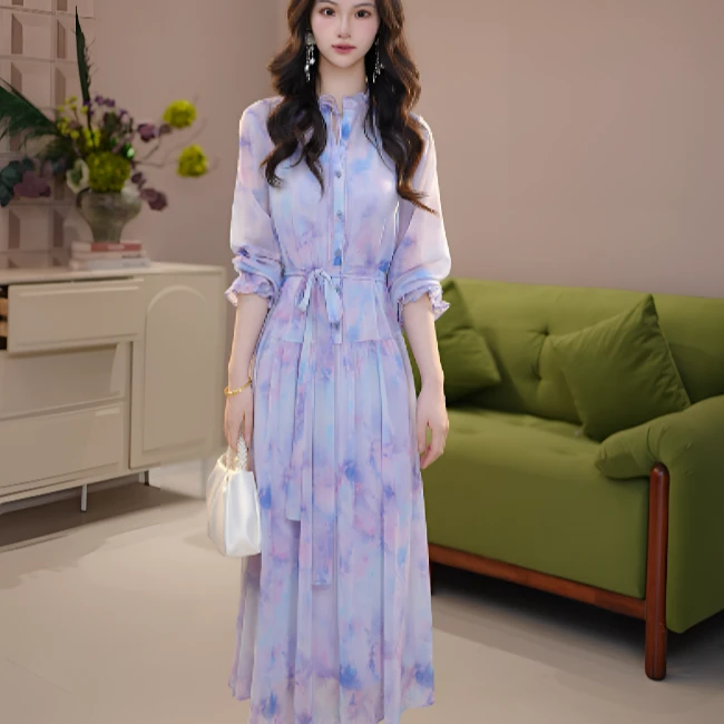 GIRDEAR/哥弟法式复古气质收腰木耳边印花碎花女装连衣裙1500465