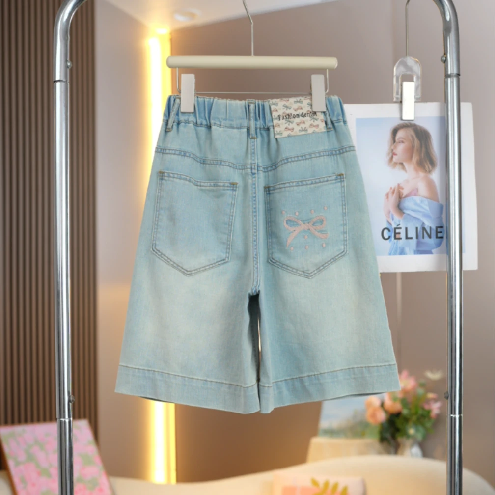 女童贴标五分裤2025夏新款蝴蝶结绣花中大童百搭儿童高腰牛仔中裤