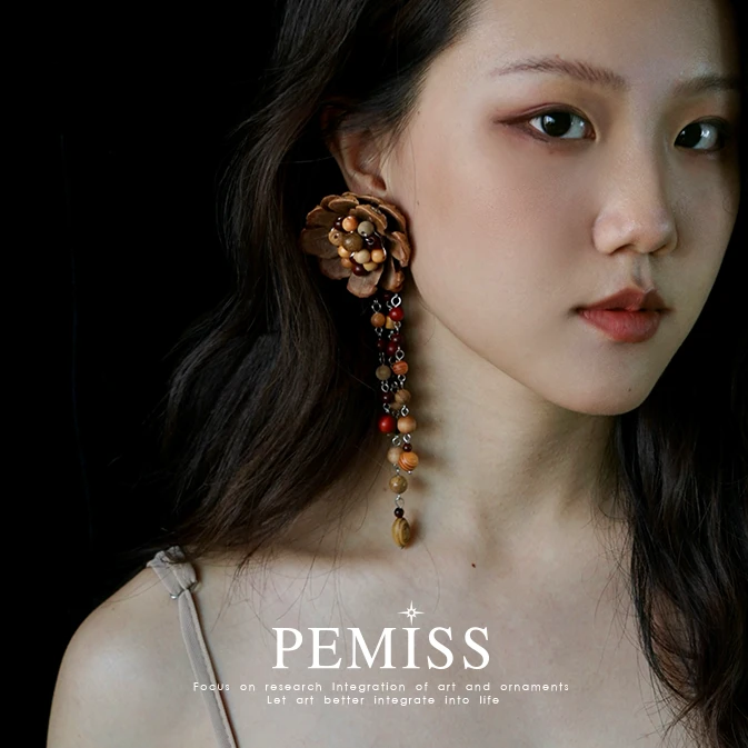PEMISS 钛钢木质耳饰 植物松果流苏夸张中国风复古长款民族风耳环