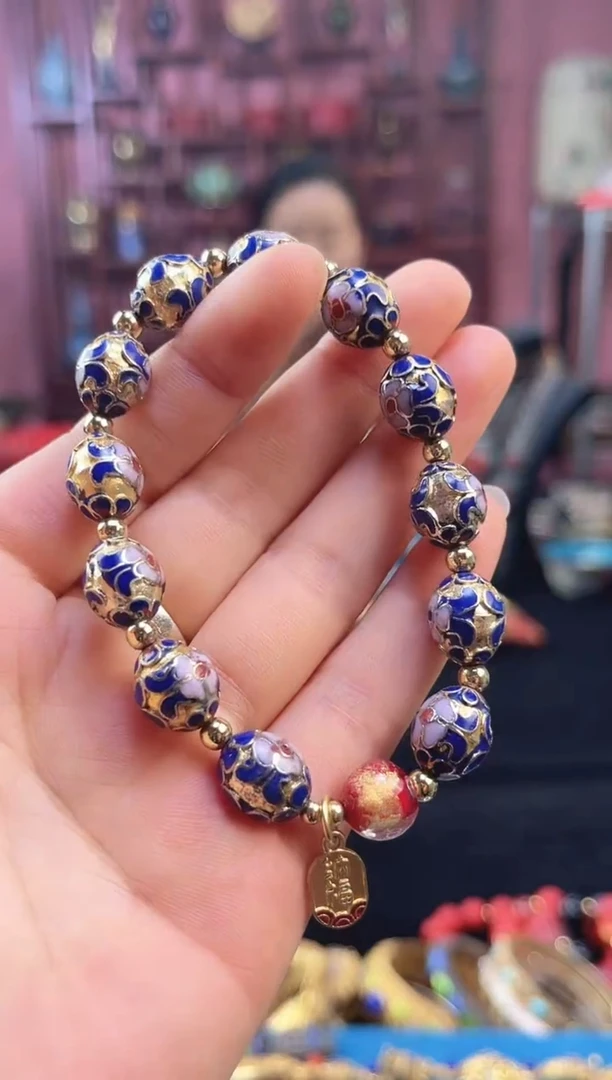 非遗 景泰蓝手串 金地 枣珠宝蓝