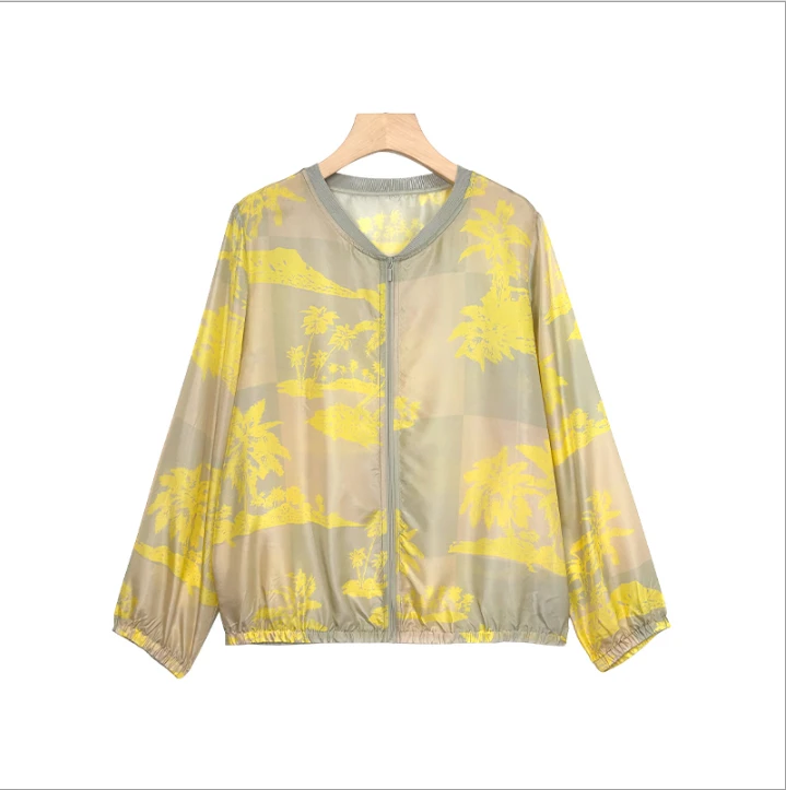 桑蚕丝15姆米电力纺印花时尚休闲棒球服夏季宽松轻薄LW 816 黄色