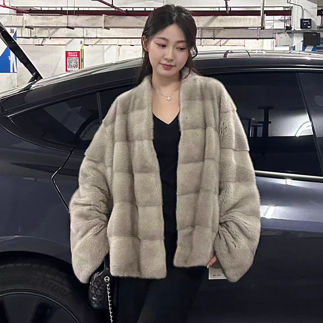 【钒钒】新款水貂小V领横排女整貂年轻时尚皮草
