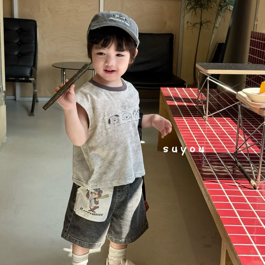 灰色扎染小狗印花背心小童夏季韩版男童洋气休闲夏款
