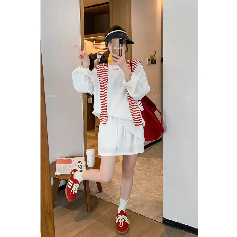 X446687-XH夏季新款长袖T恤半身裙短裙披肩三件套