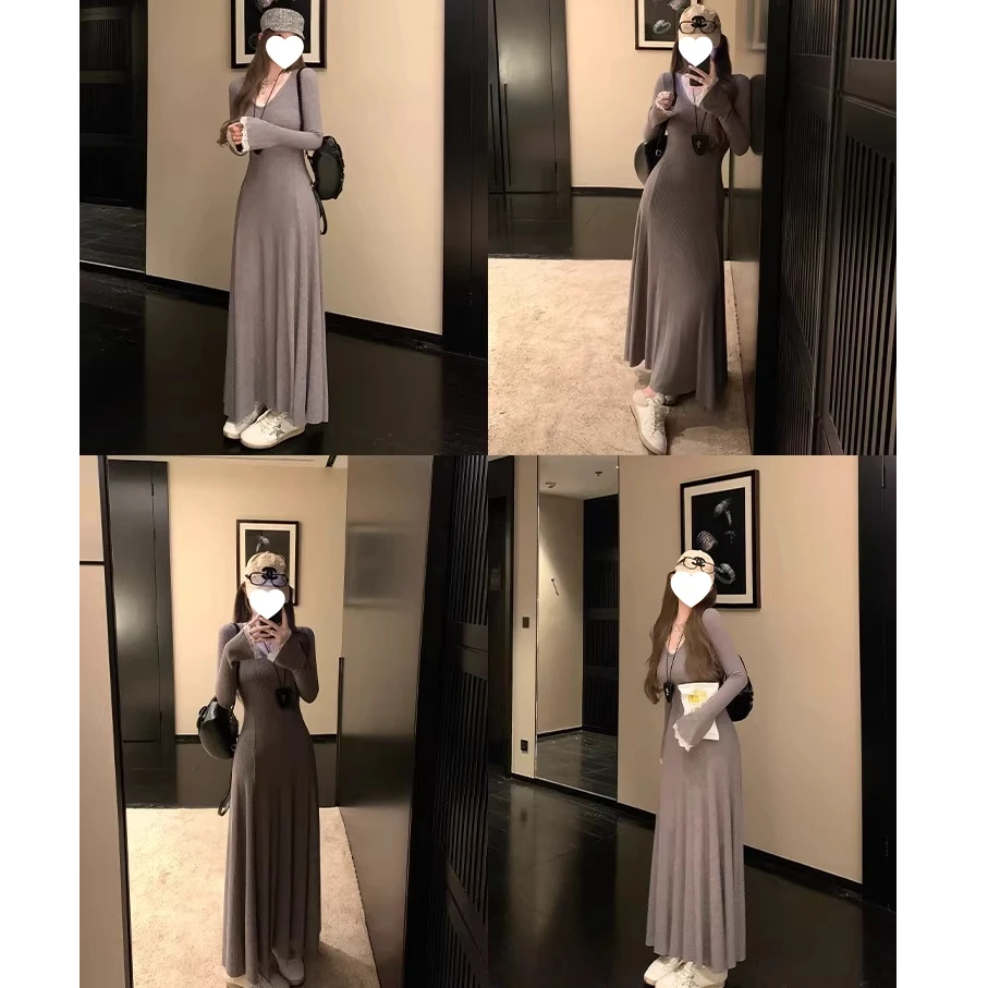 蕾丝拼接内搭长袖连衣裙女秋冬修身长裙设计感针织裙子