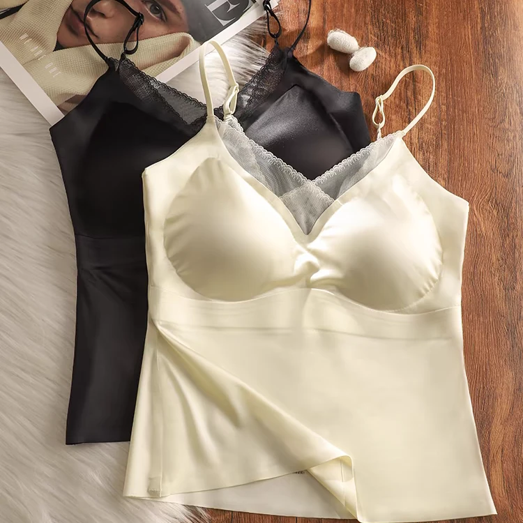 法式缎面网纱吊带背心一体带胸垫内衣女无痕修身外穿内搭美背文胸