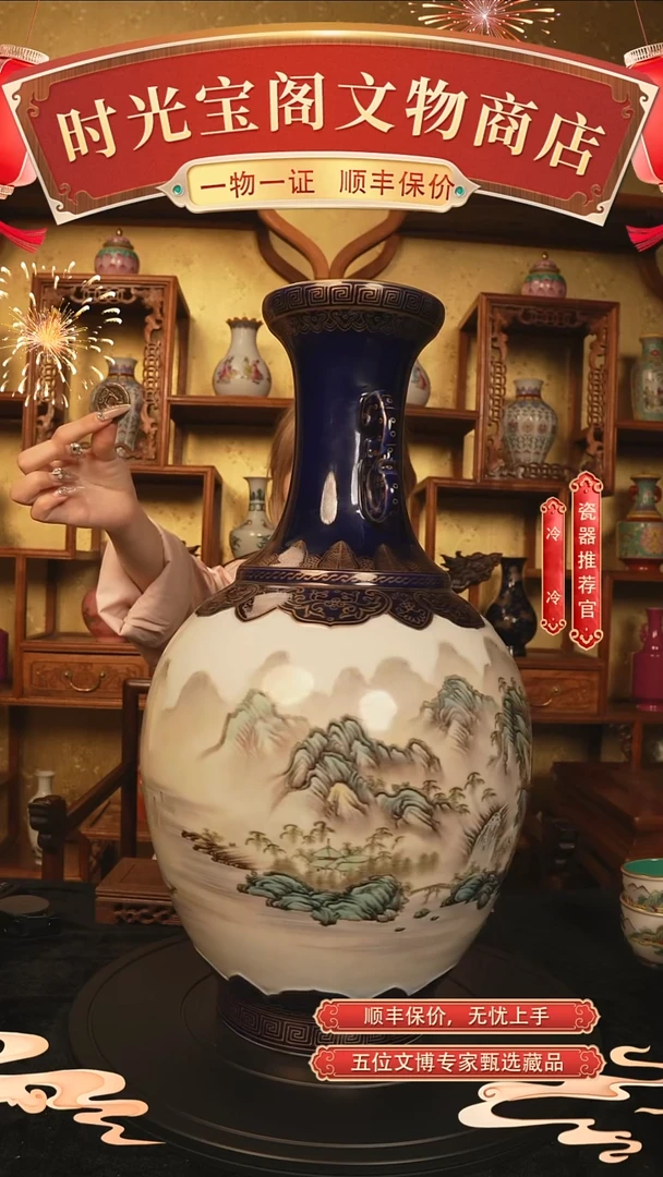 金清乾隆粉彩山水楼阁纹双耳瓶