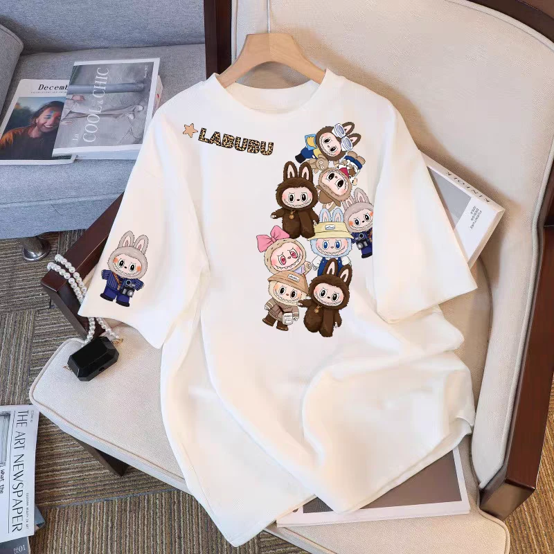 拉布布白色短袖T恤夏季女2025纯棉labubu宽松大码上衣潮