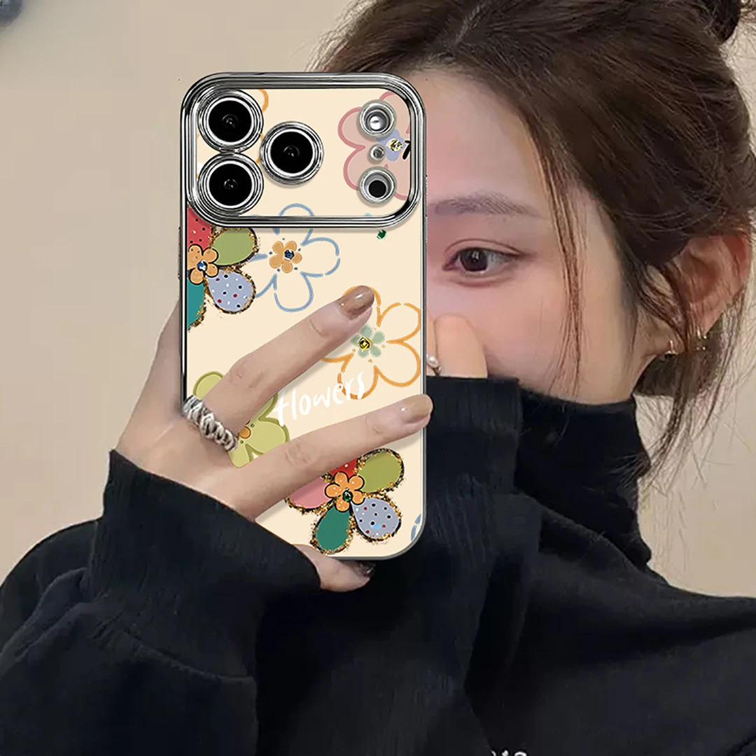 彩色花朵适用苹果17promax新款手机壳iPhone16电镀大视窗15卡通14