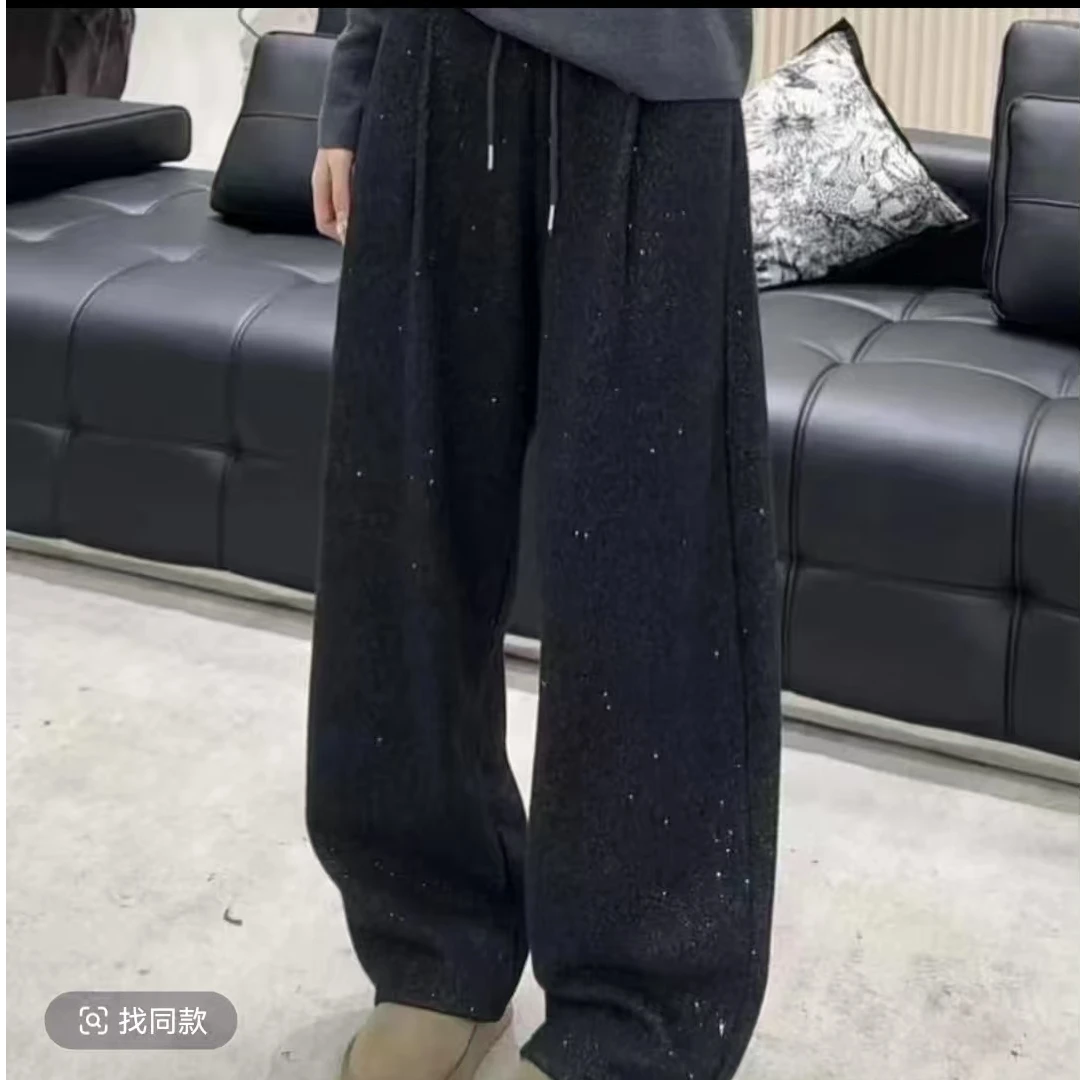 【银河】撒银工艺冬手加绒加厚高腰抽绳显瘦意刀裤