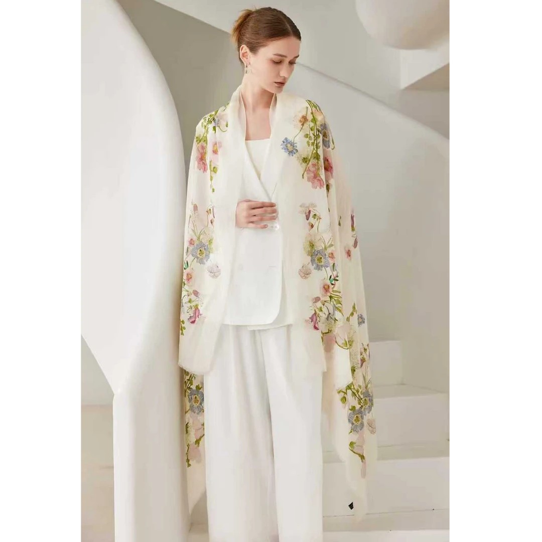 奢凌羊「繁花艺彩」100%山羊绒围巾女秋冬季高级感披肩外搭护肩保暖