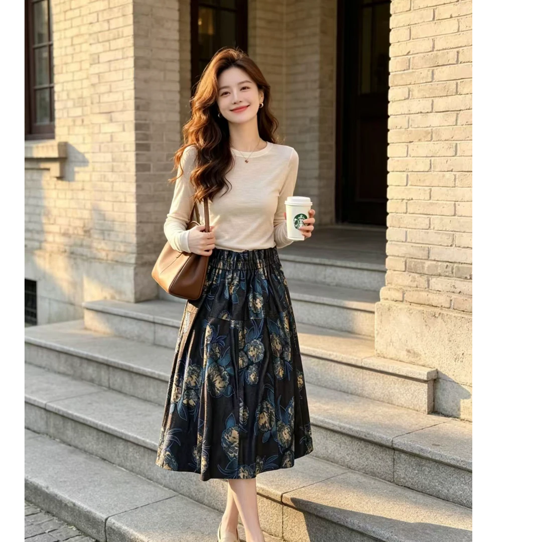【火苗家】蓝精灵女士半身裙气质印花百搭鱼尾裙国风长款331