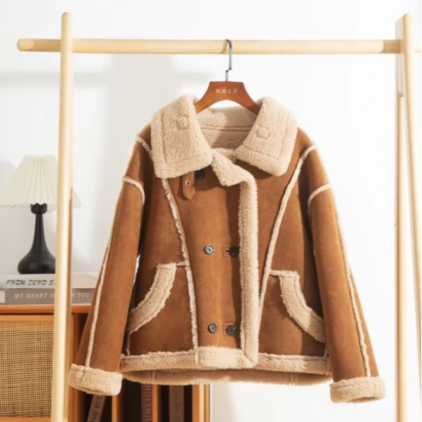 皮毛一体加重羊羔毛外套女新款高级感加厚短款机车服QK