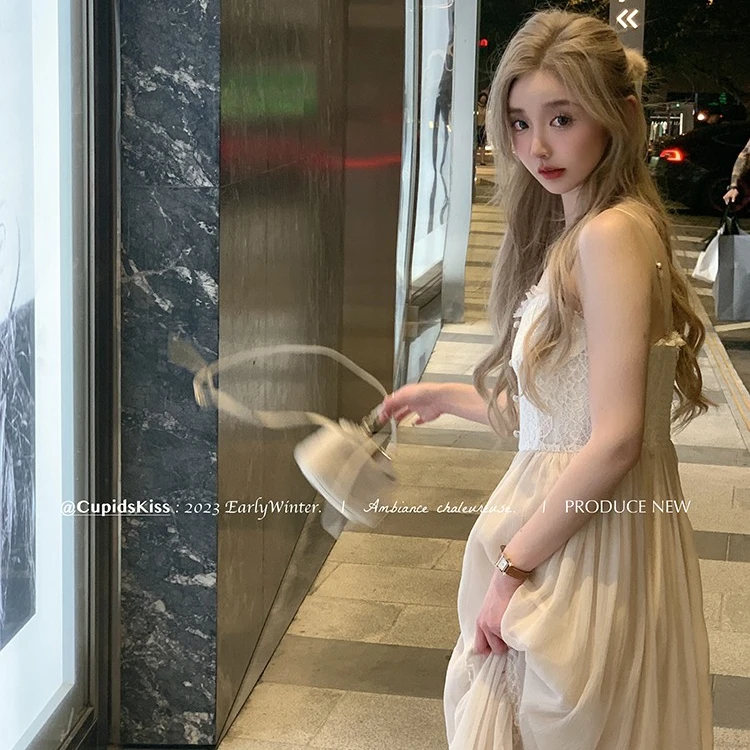 csk丘比特 隐衫之欲 蕾丝飘逸吊带长裙温柔气质连衣裙法式内搭裙