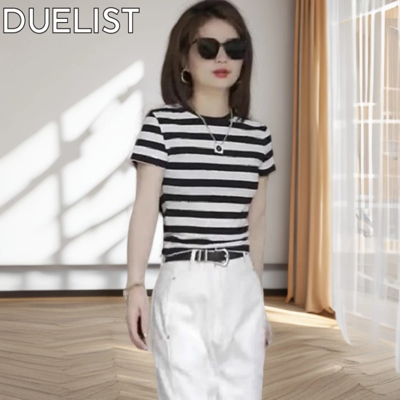 DUELIST条纹短袖恤2025夏季新款小个子时尚洋气体恤修身显瘦短款