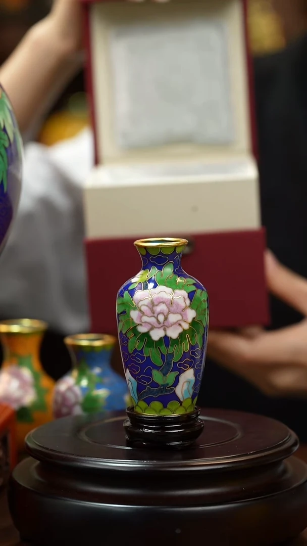 景泰蓝紫铜花瓶 含底座礼盒