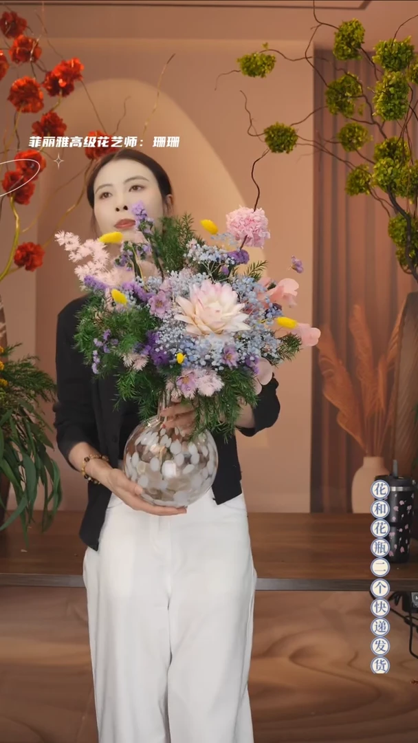 琉璃手工艺品花瓶+花束一套