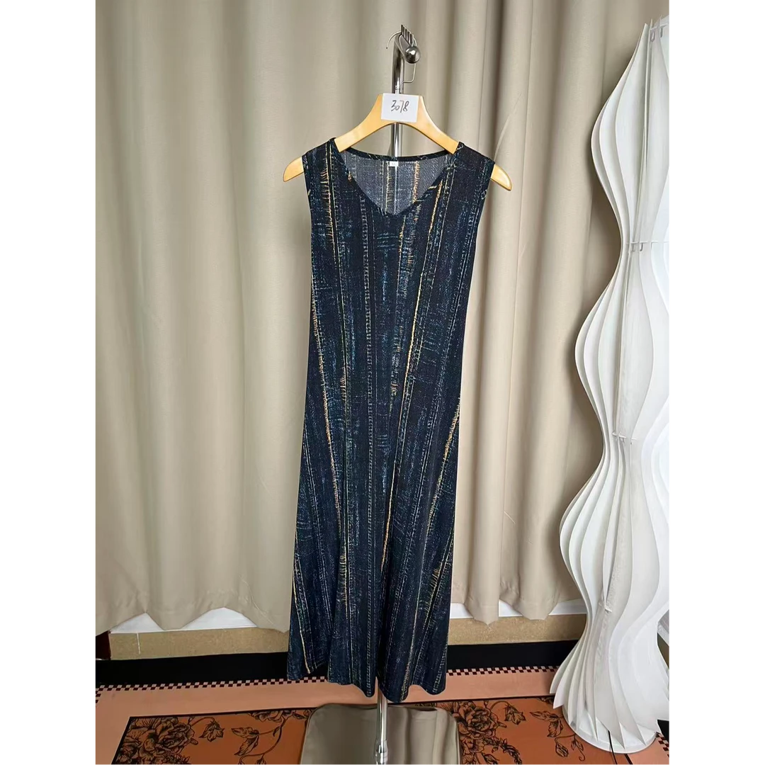 3078女装无袖轻奢针织圆领常规连衣裙长款背带百褶裙夏季印花