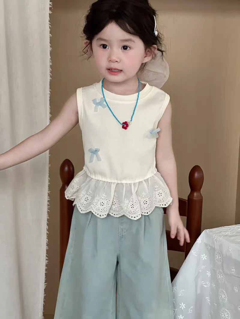 女童夏季甜美蝴蝶结花边背心套装2025宝宝洋气无袖儿童夏装两件套