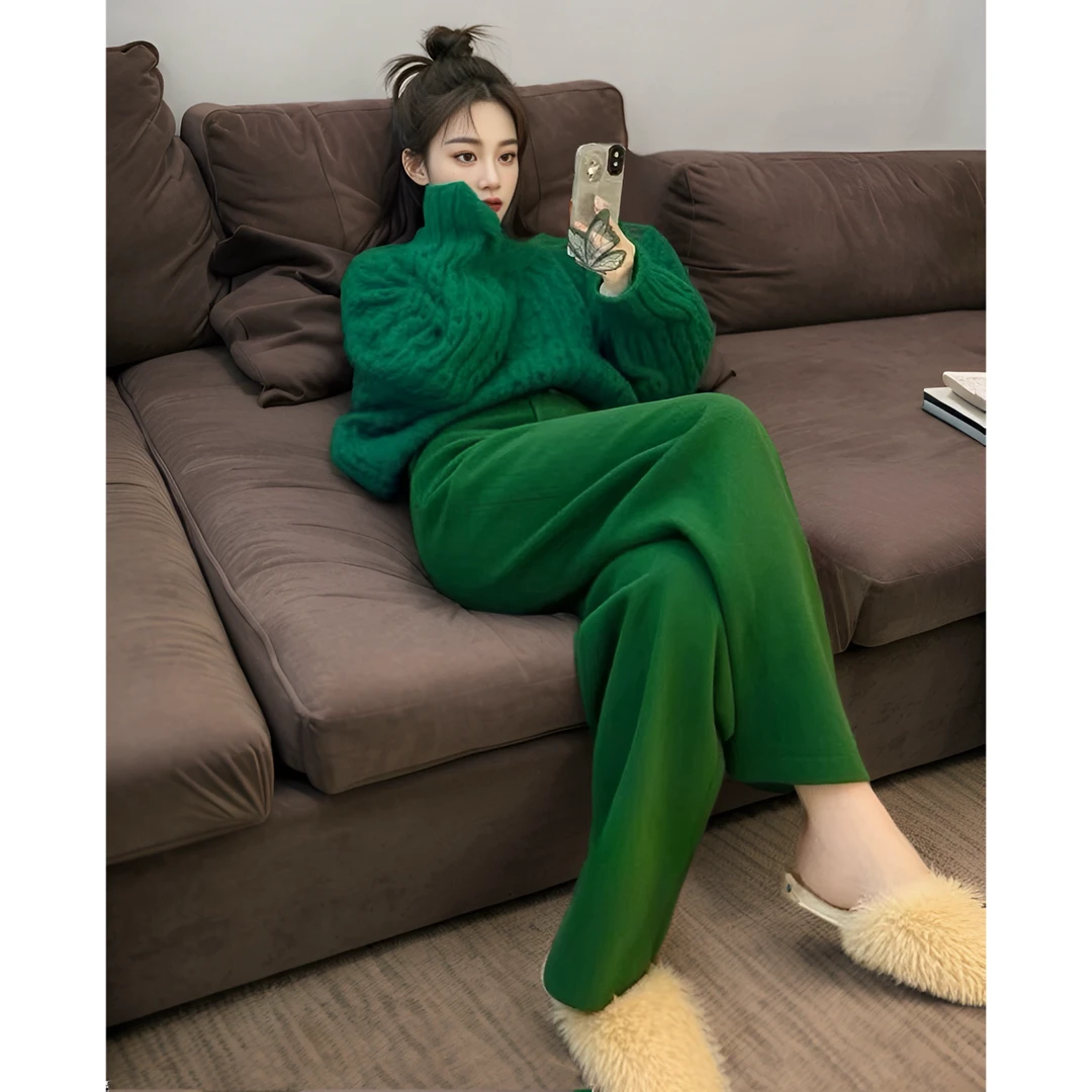 2024冬季新款女装时尚洋气时髦套装绿色麻花针织毛衣休闲裤两件套