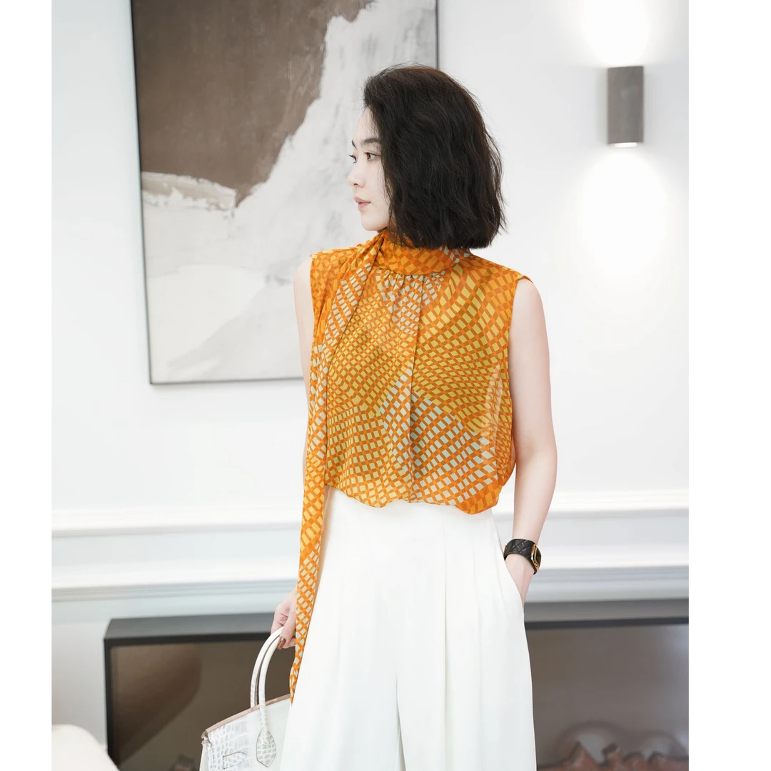 MORELAN2025原创轻奢复古前后两穿绑带格子纹无袖上衣256920