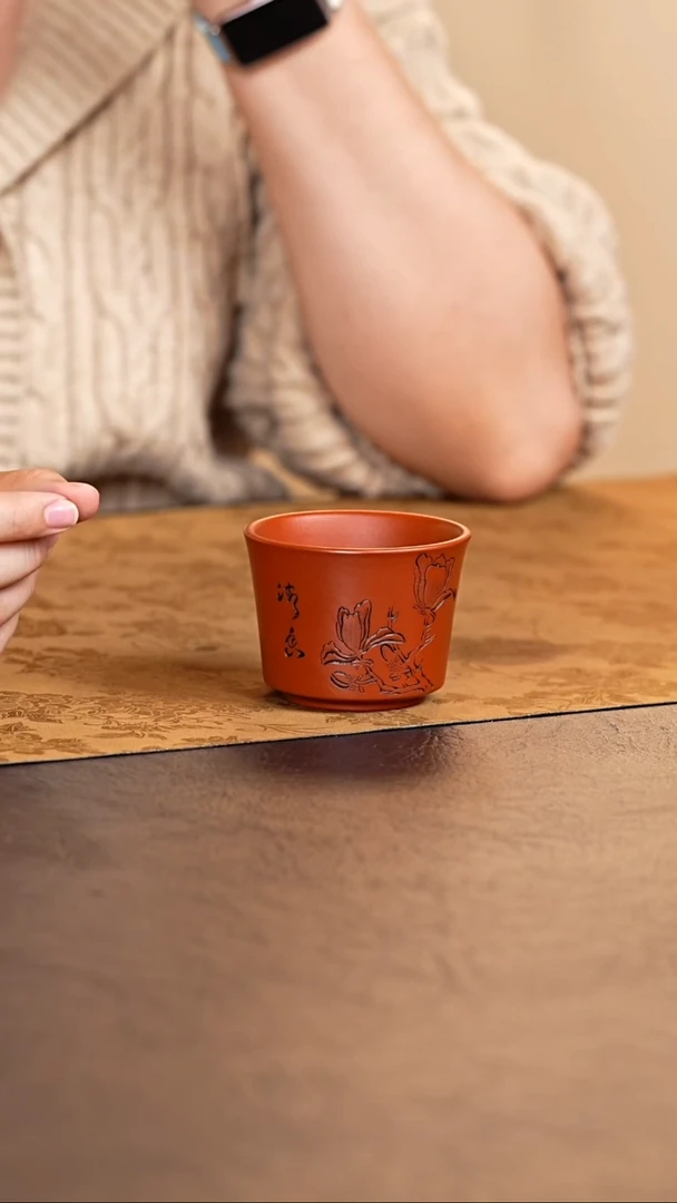 茶杯紫砂宜兴原矿紫砂朱泥莲花对杯2个