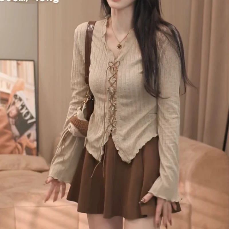 轻熟风长袖早秋百搭韩版小香风褶皱针织上衣LK2506278